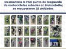 Las 25 motocicletas aseguradas por la Fiscalía del Estado de Puebla, muchas con sus medios de identificación alterados.