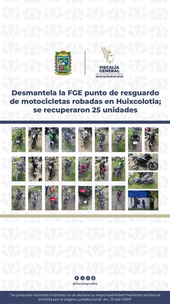Las 25 motocicletas aseguradas por la Fiscalía del Estado de Puebla, muchas con sus medios de identificación alterados.
