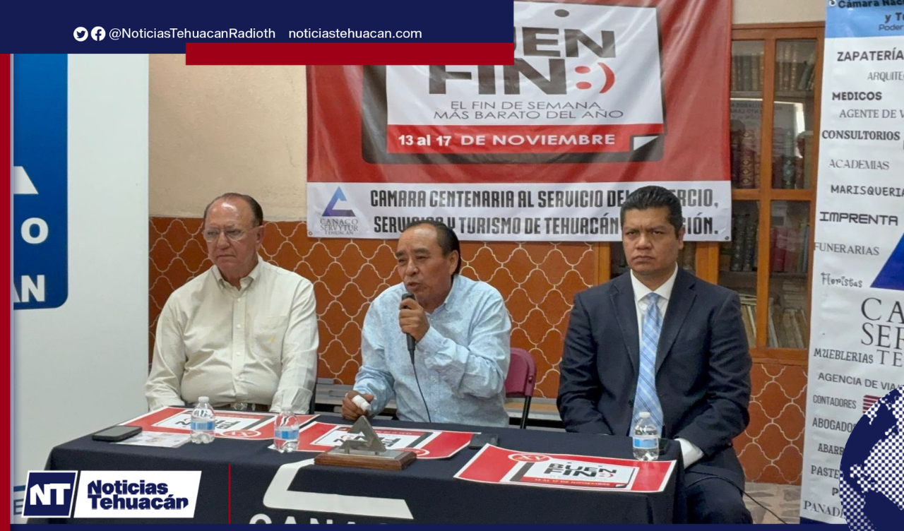 El presidente de Canaco, Rufino López, presenta la campaña de El Buen Fin 2025 en Tehuacán, invitando a la ciudadanía a aprovechar las ofertas.